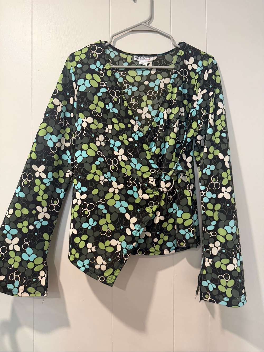 Self Esteem Black Floral Wrap Blouse with Green & Blue Accents